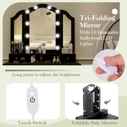 Makeup Vanity Table Set with Lighted Mirror and Drawers-Black