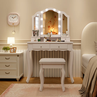 Makeup Vanity Table Set with Lighted Mirror and Drawers-White