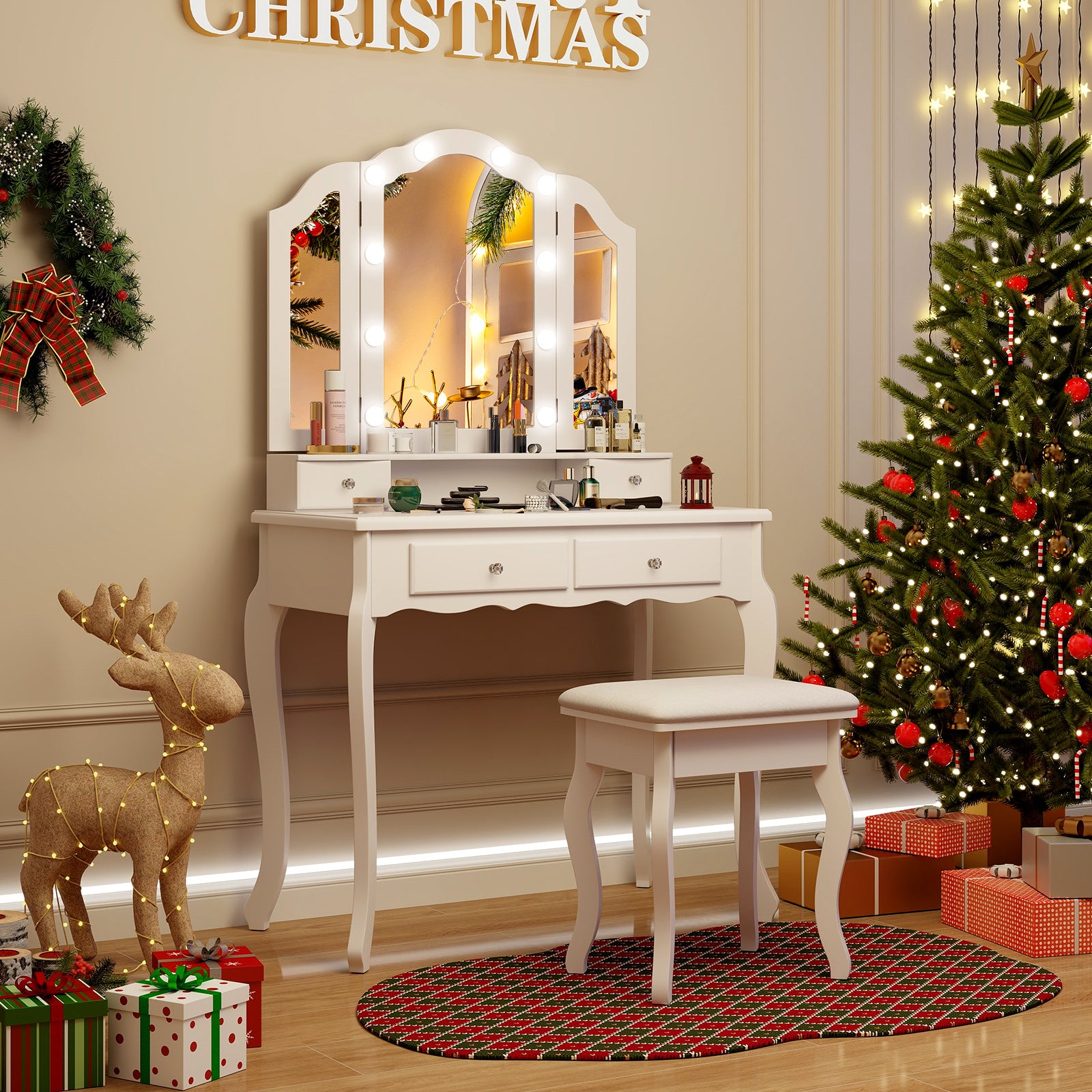 Makeup Vanity Table Set with Lighted Mirror and Drawers-White