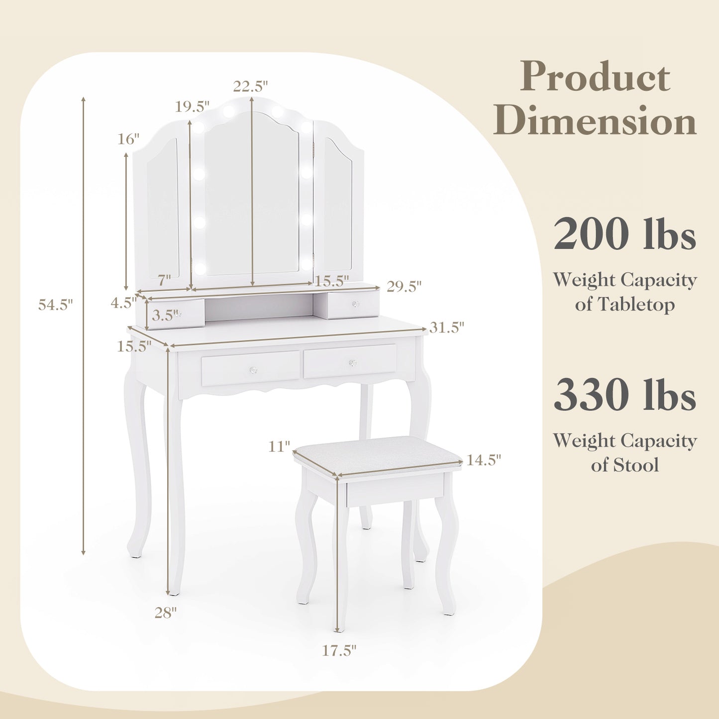 Makeup Vanity Table Set with Lighted Mirror and Drawers-White
