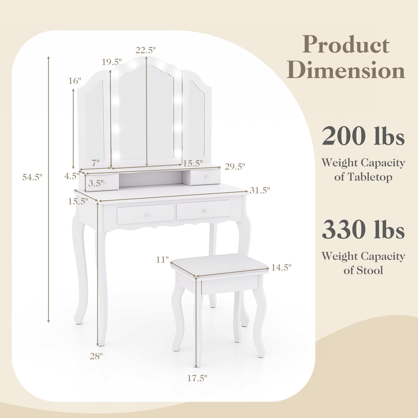 Makeup Vanity Table Set with Lighted Mirror and Drawers-White