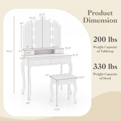 Makeup Vanity Table Set with Lighted Mirror and Drawers-White