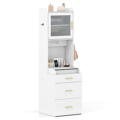 Makeup Vanity with Power Outlets and Flip-top Mirror and Storage Stool-White