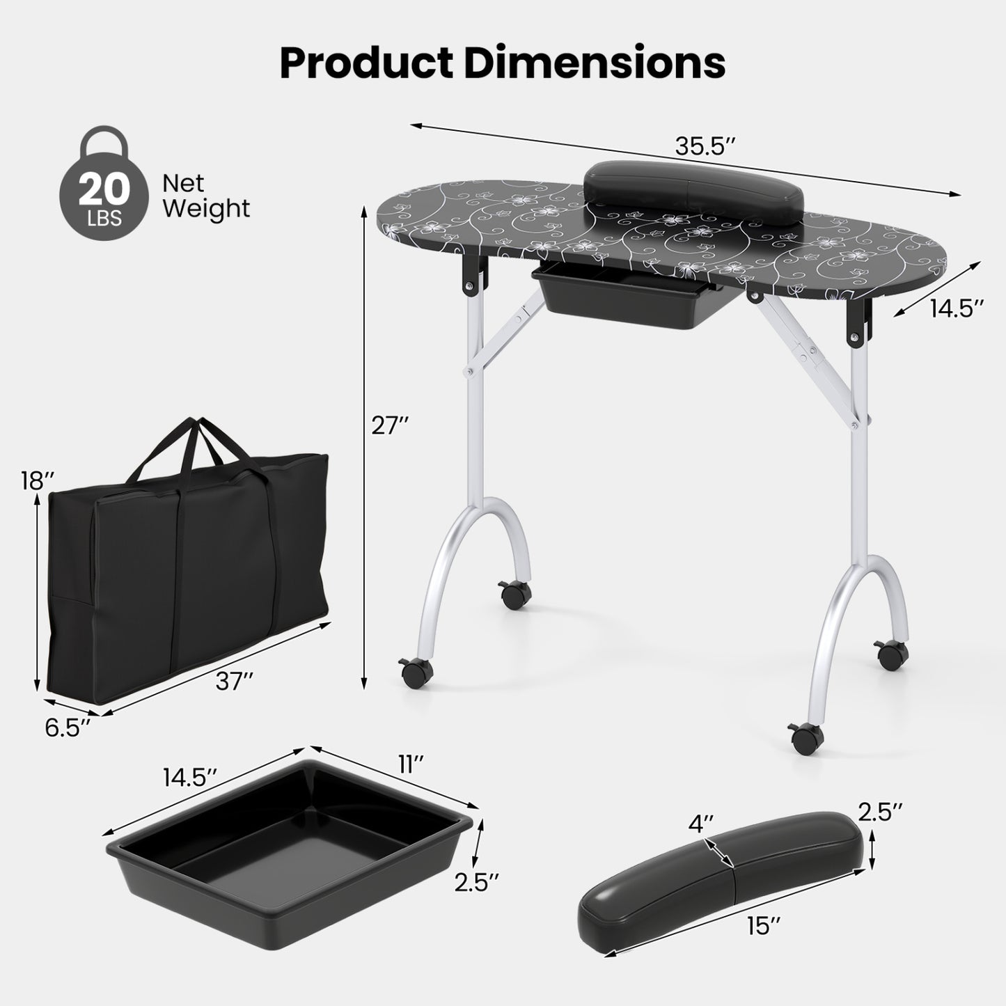 Foldable Manicure Table with Drawer and Wrist Cushion