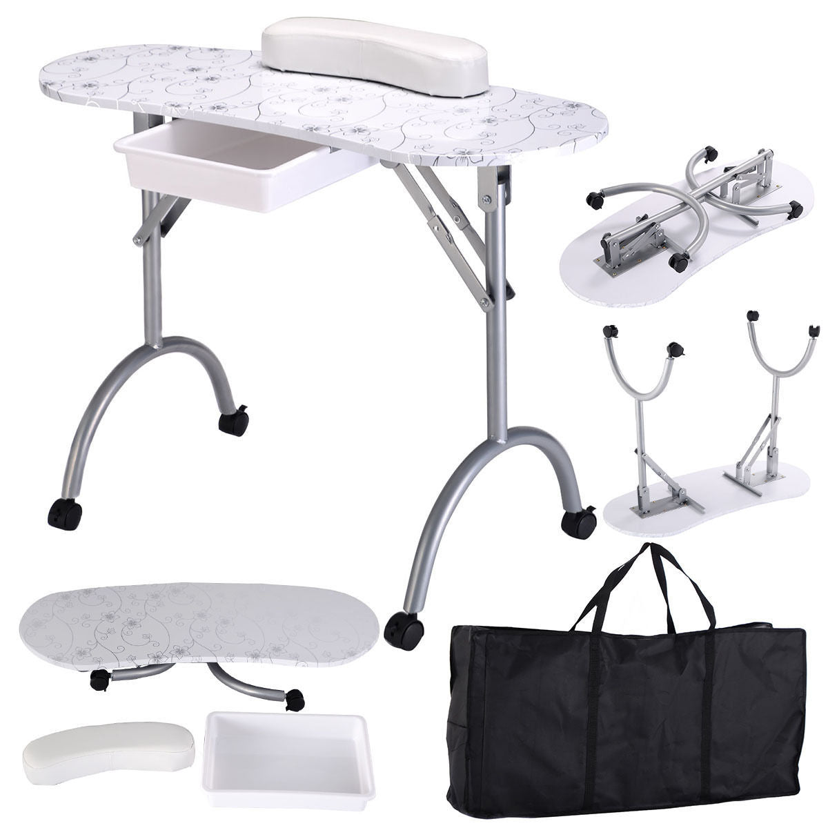 Foldable Manicure Table with Drawer and Wrist Cushion