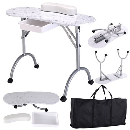 Foldable Manicure Table with Drawer and Wrist Cushion