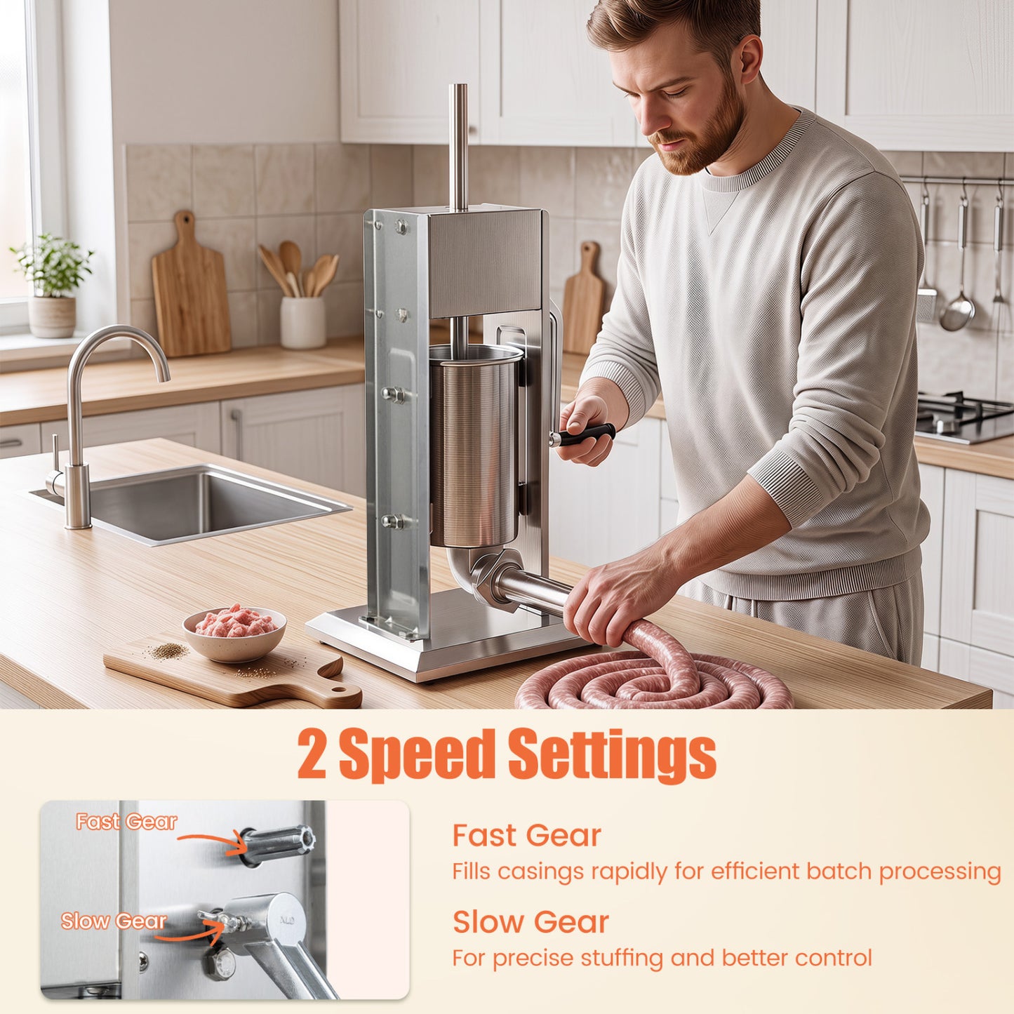 Manual Sausage Stuffer with 4 Tubes & 2 Speeds