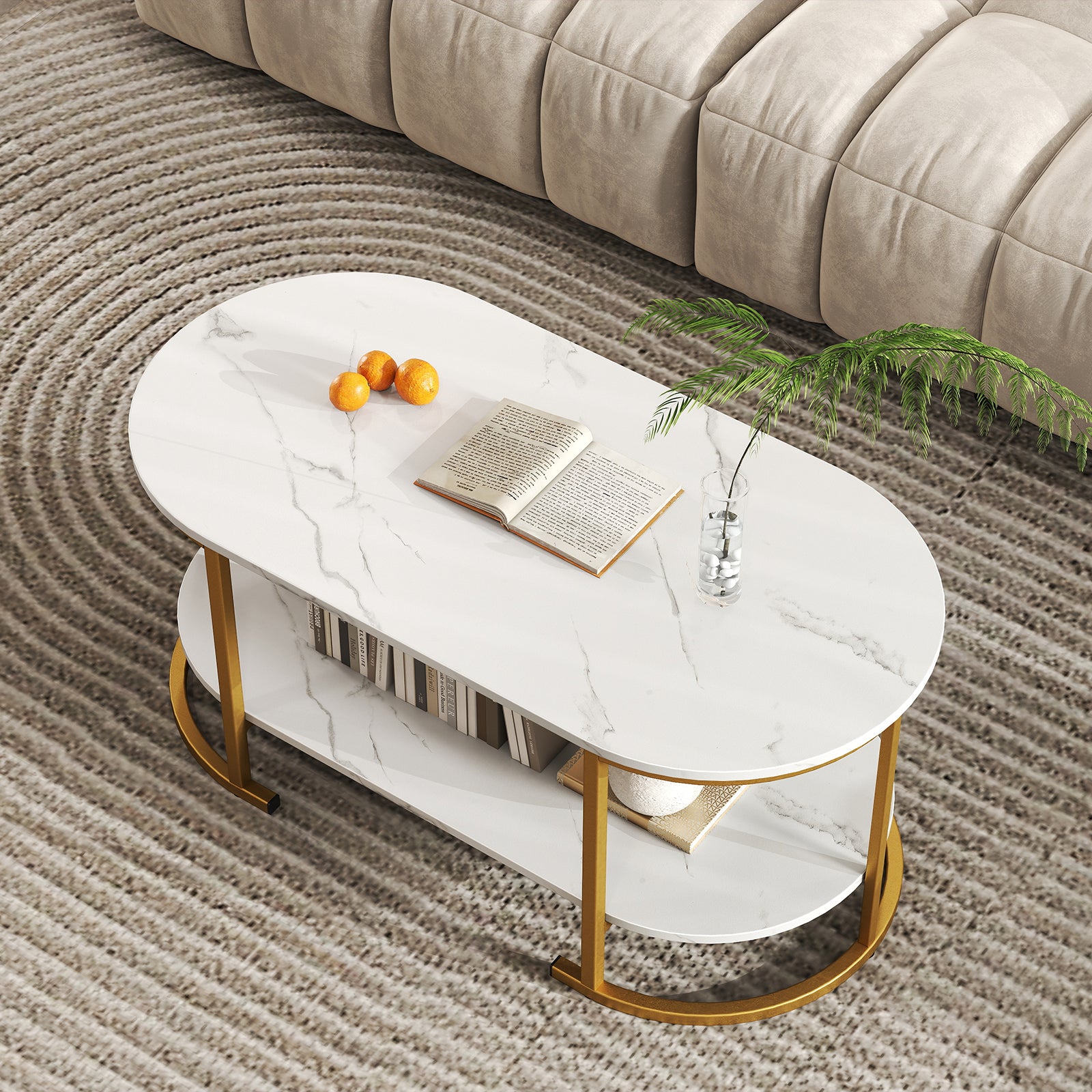Marble Coffee Table with Open Storage Shelf-White