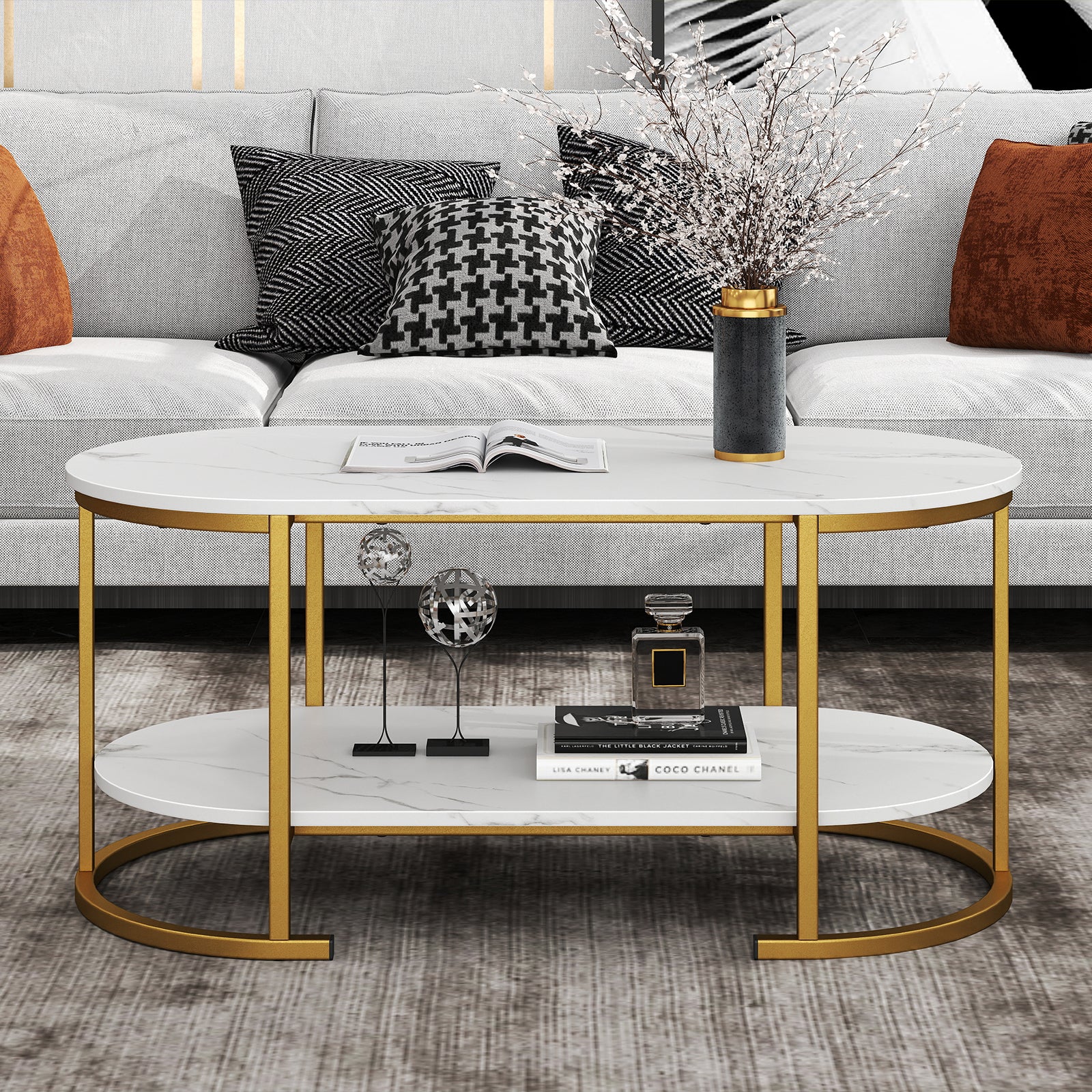 Marble Coffee Table with Open Storage Shelf-White