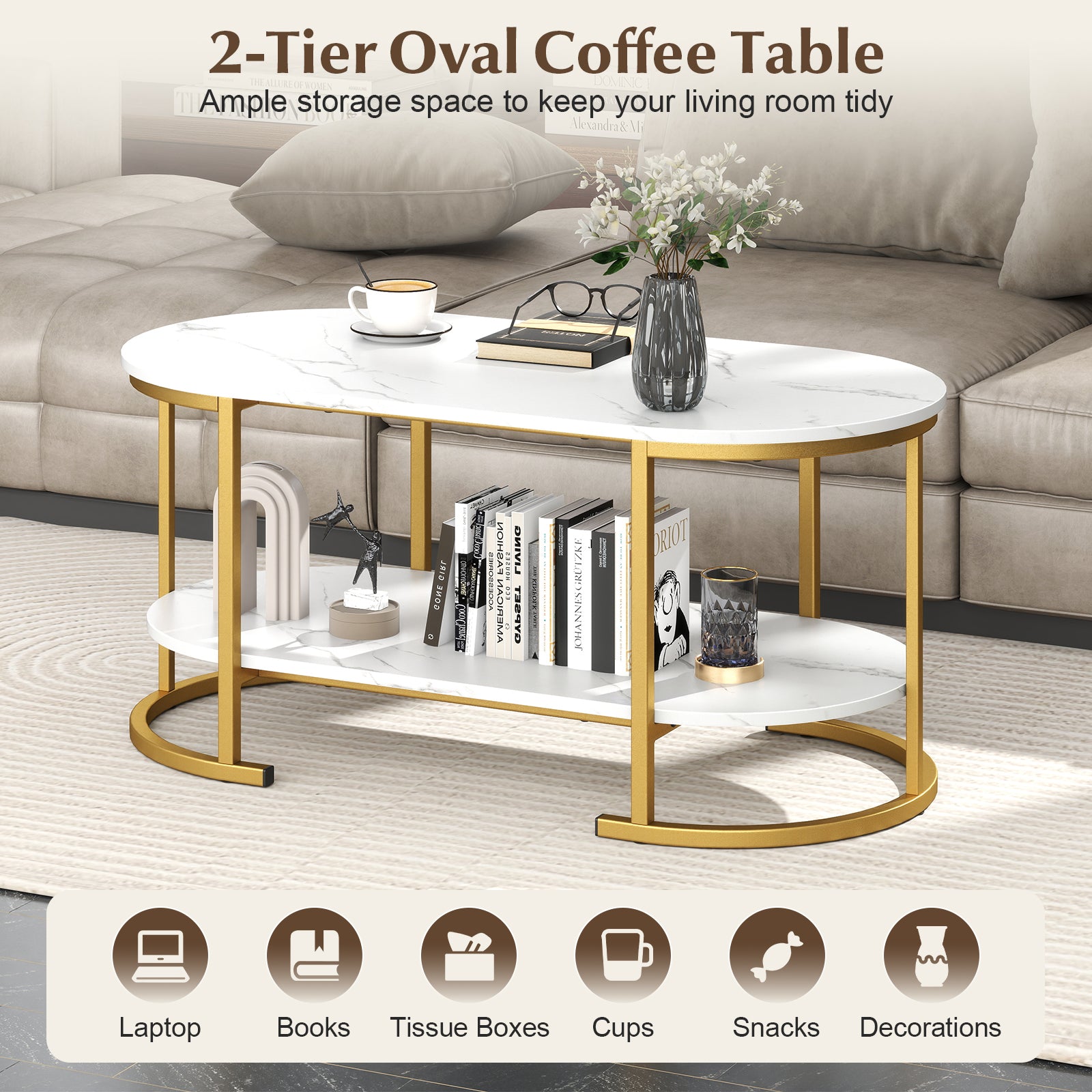 Marble Coffee Table with Open Storage Shelf-White