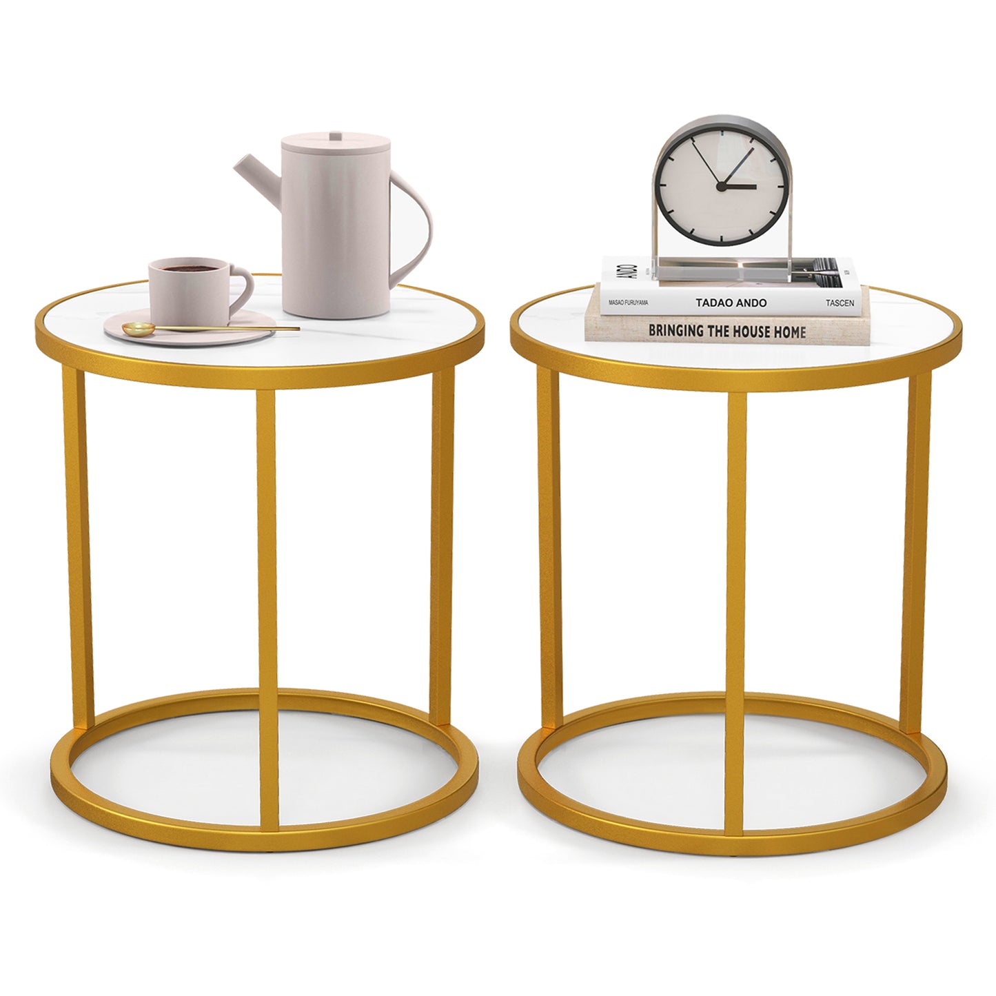 Marble Top Round Side Table 16-Inch End Table with Golden Metal Frame