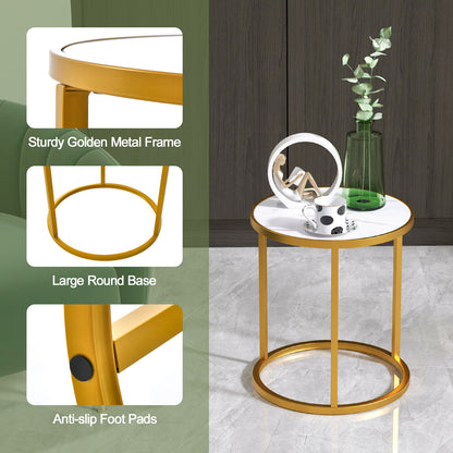 Marble Top Round Side Table 16-Inch End Table with Golden Metal Frame