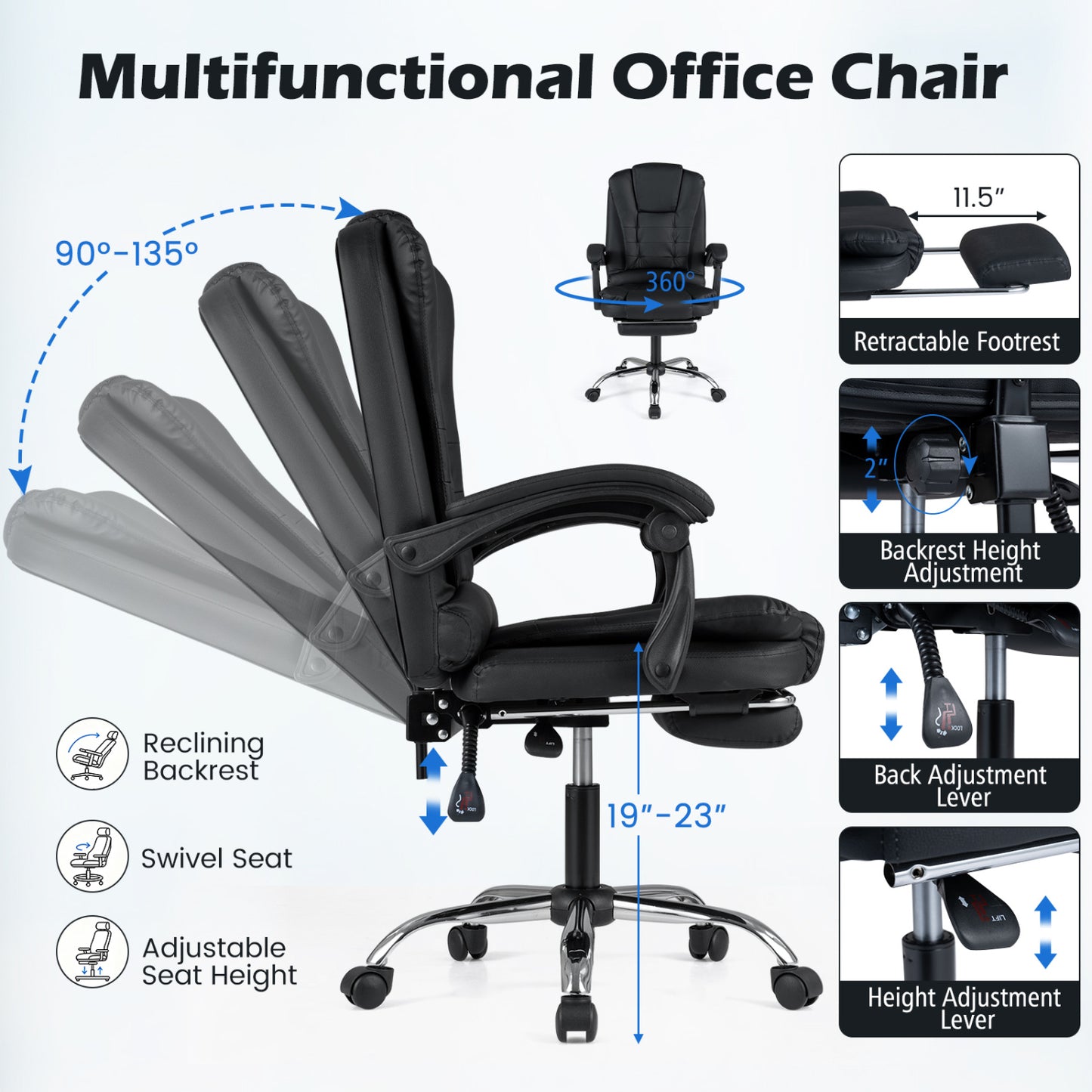 Massage Office Chair with Footrest & Reclining Backrest