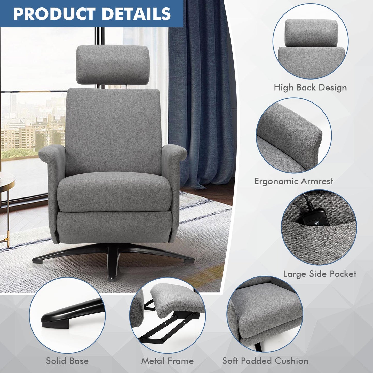 Swivel Massage Recliner Single Sofa with Adjustable Headrest-Gray