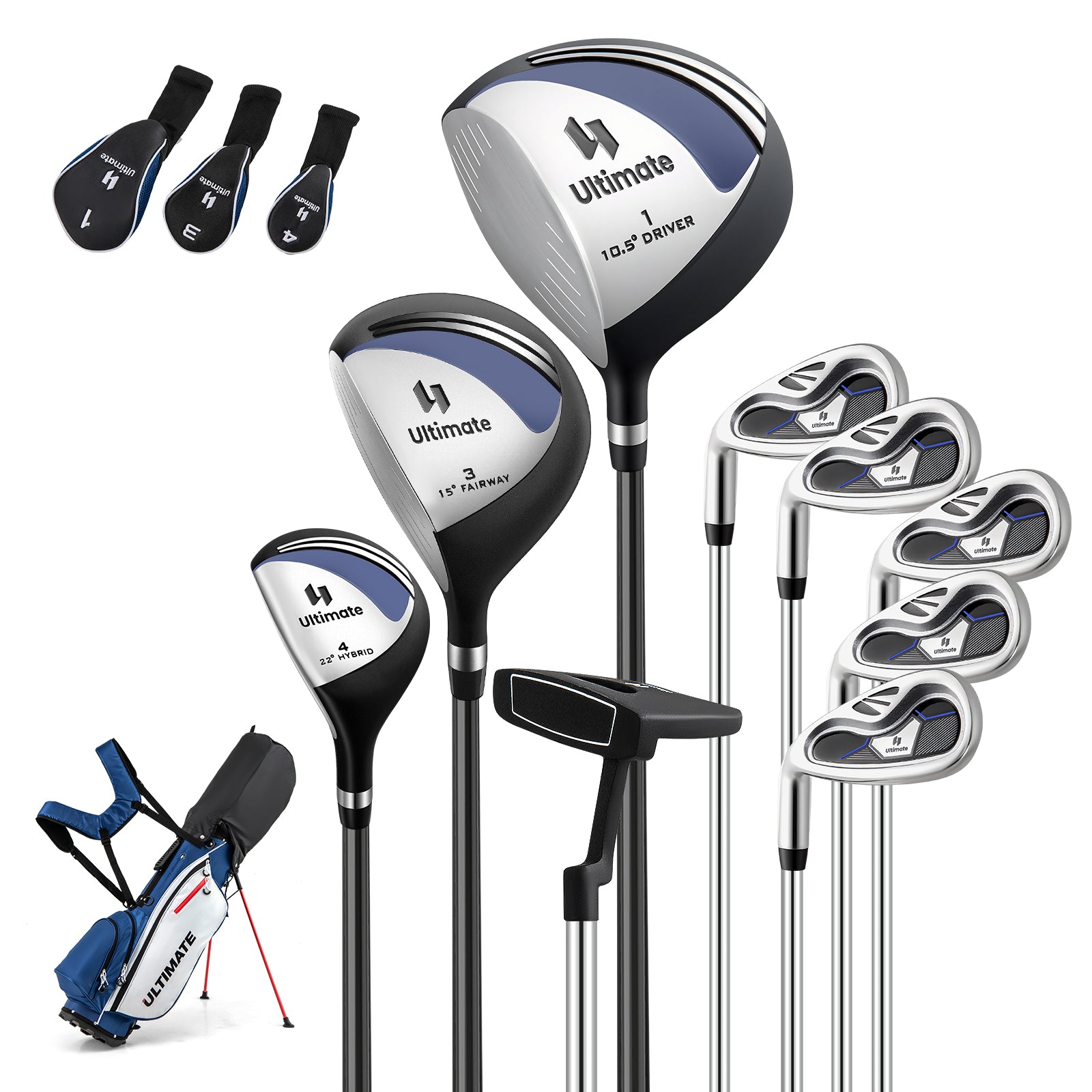 Mens LeftHanded Complete Golf Clubs and Bag Set Portable Lightweight Golf Stand Bag-Blue