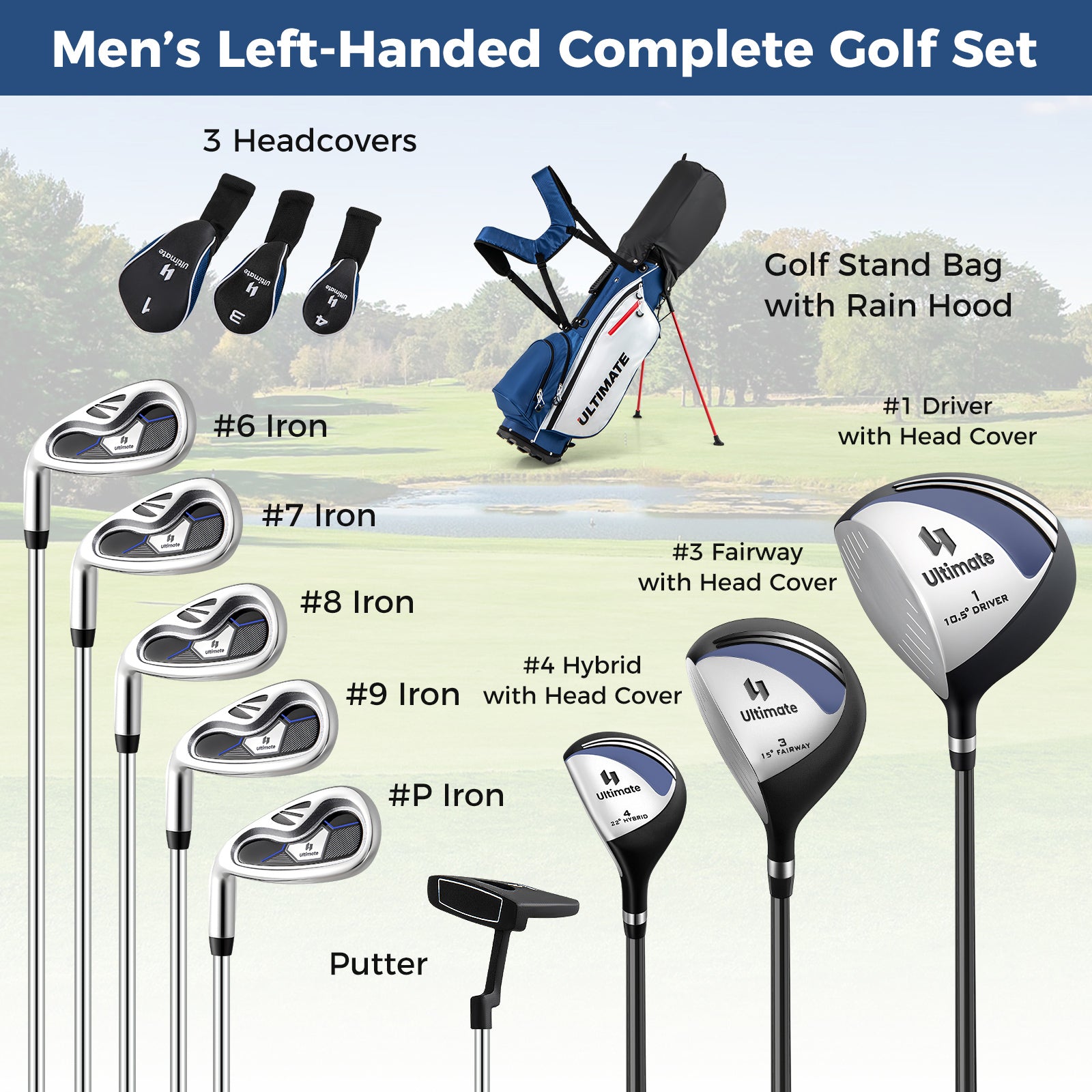 Mens LeftHanded Complete Golf Clubs and Bag Set Portable Lightweight Golf Stand Bag-Blue
