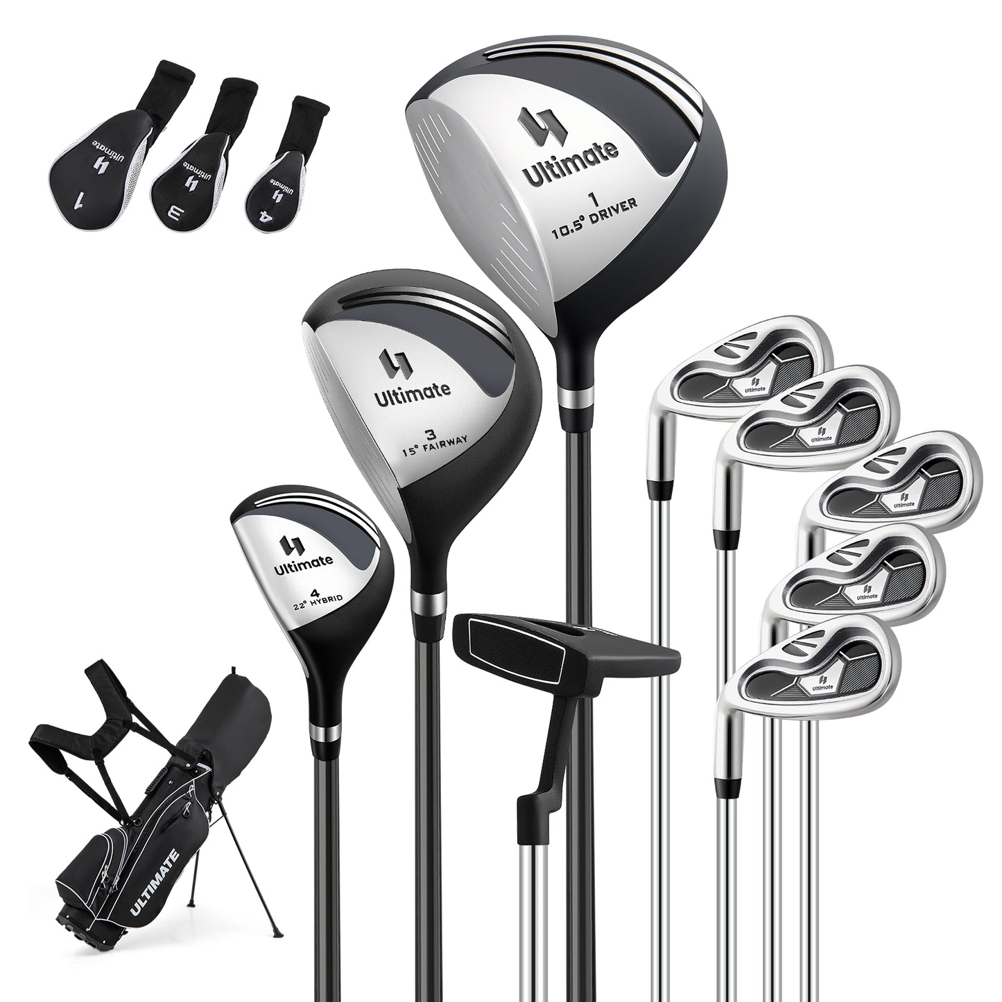 Mens LeftHanded Complete Golf Clubs and Bag Set Portable Lightweight Golf Stand Bag-Black