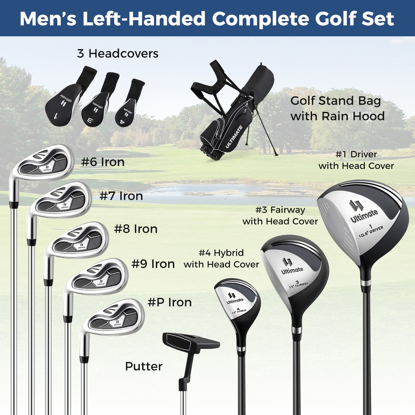 Mens LeftHanded Complete Golf Clubs and Bag Set Portable Lightweight Golf Stand Bag-Black