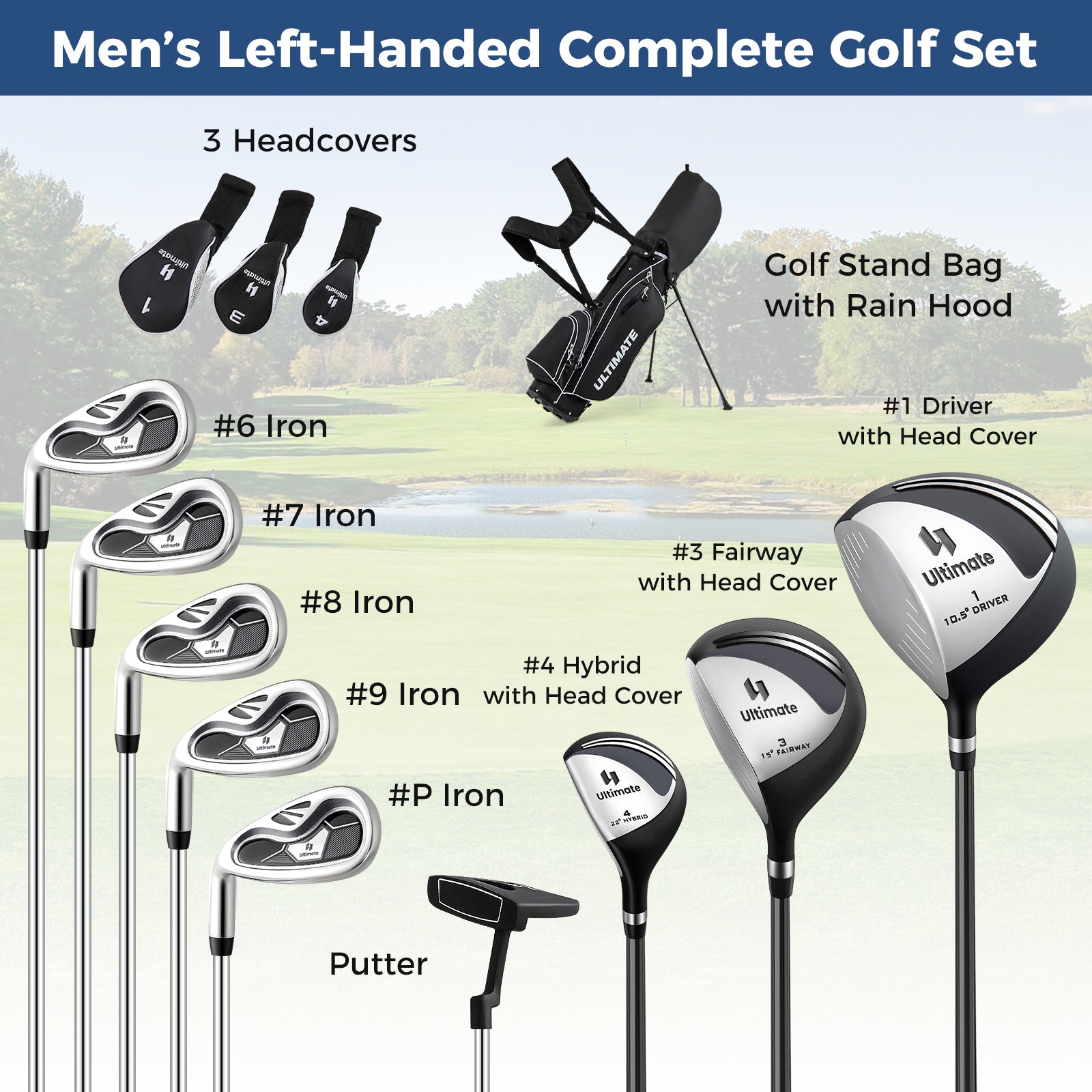Mens LeftHanded Complete Golf Clubs and Bag Set Portable Lightweight Golf Stand Bag-Black