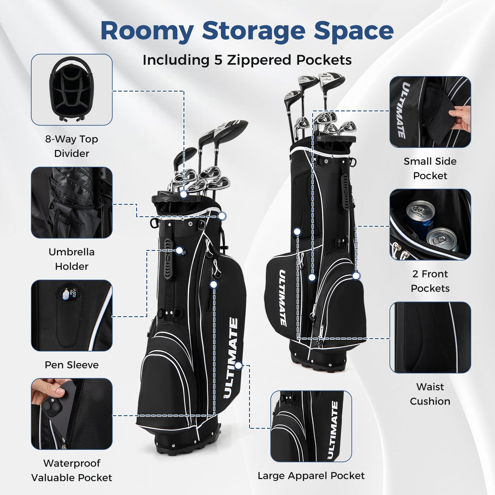 Mens LeftHanded Complete Golf Clubs and Bag Set Portable Lightweight Golf Stand Bag-Black