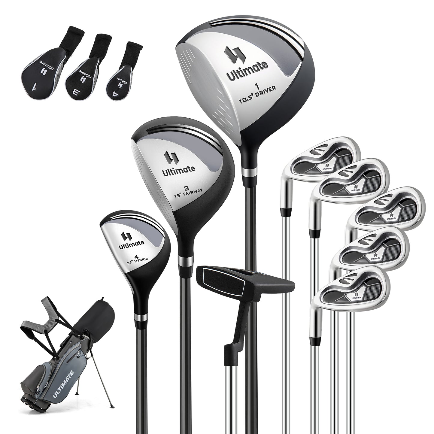 Mens LeftHanded Complete Golf Clubs and Bag Set Portable Lightweight Golf Stand Bag-Grey