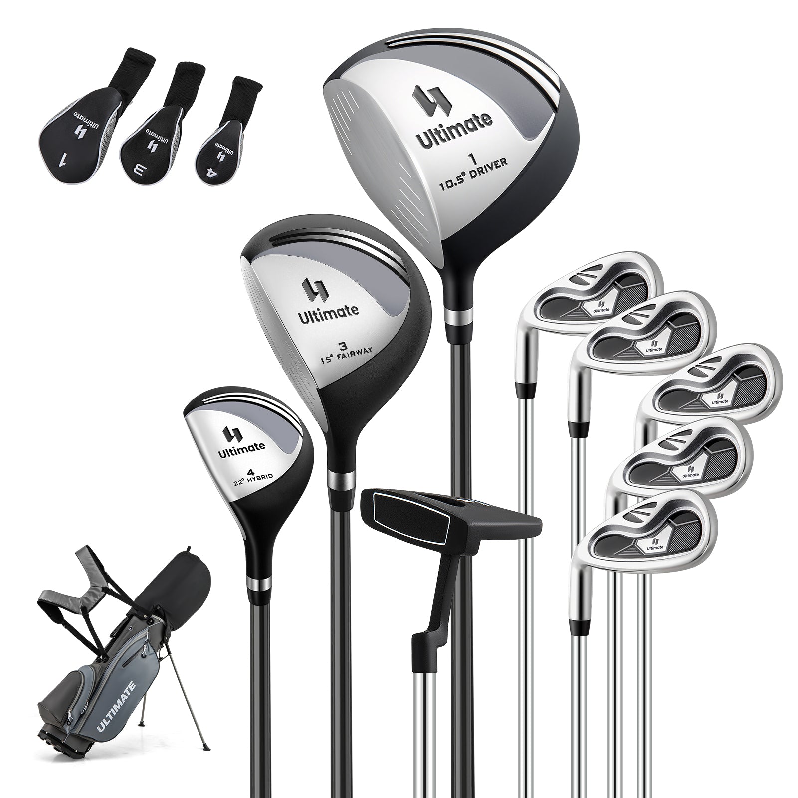 Mens LeftHanded Complete Golf Clubs and Bag Set Portable Lightweight Golf Stand Bag-Grey