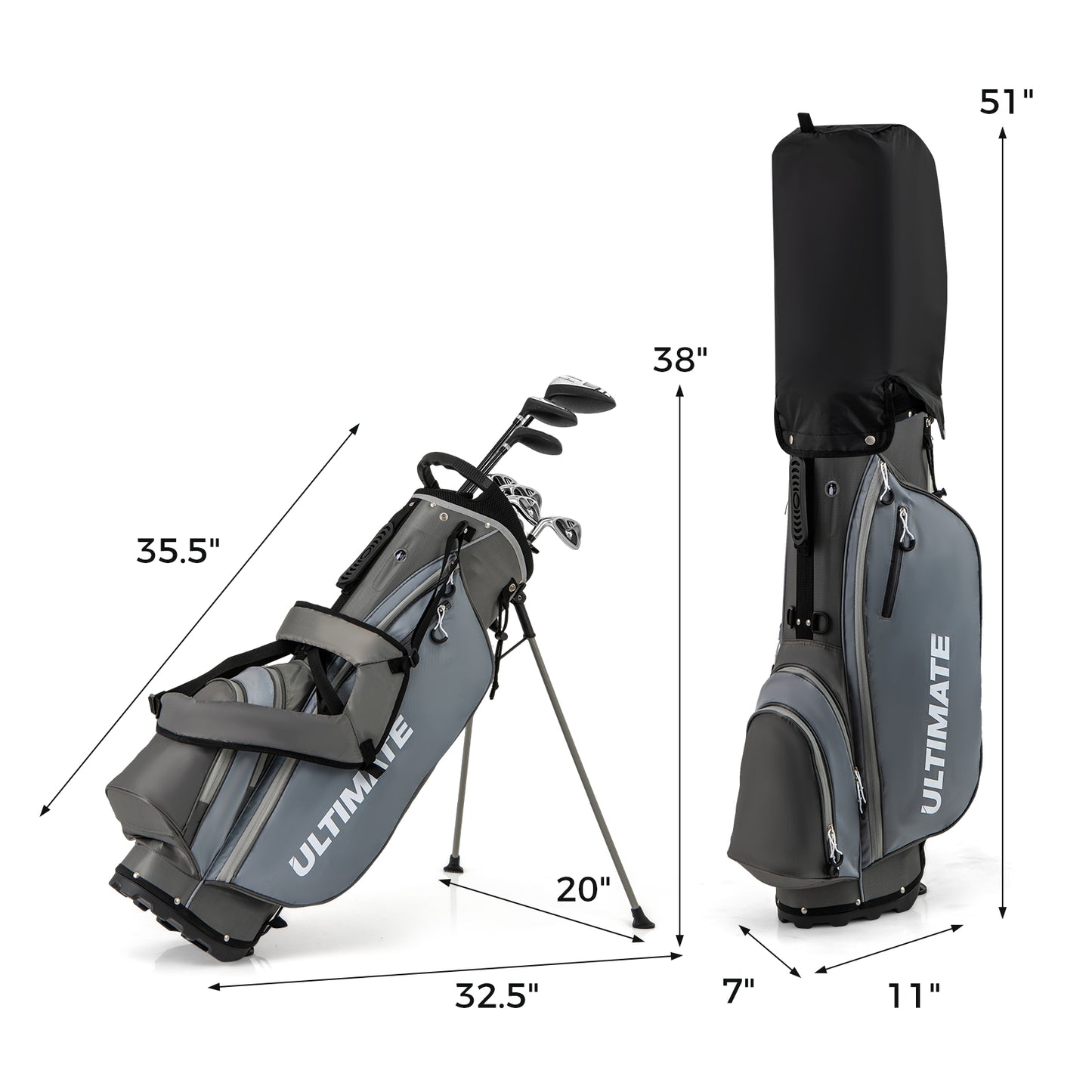 Mens LeftHanded Complete Golf Clubs and Bag Set Portable Lightweight Golf Stand Bag-Grey