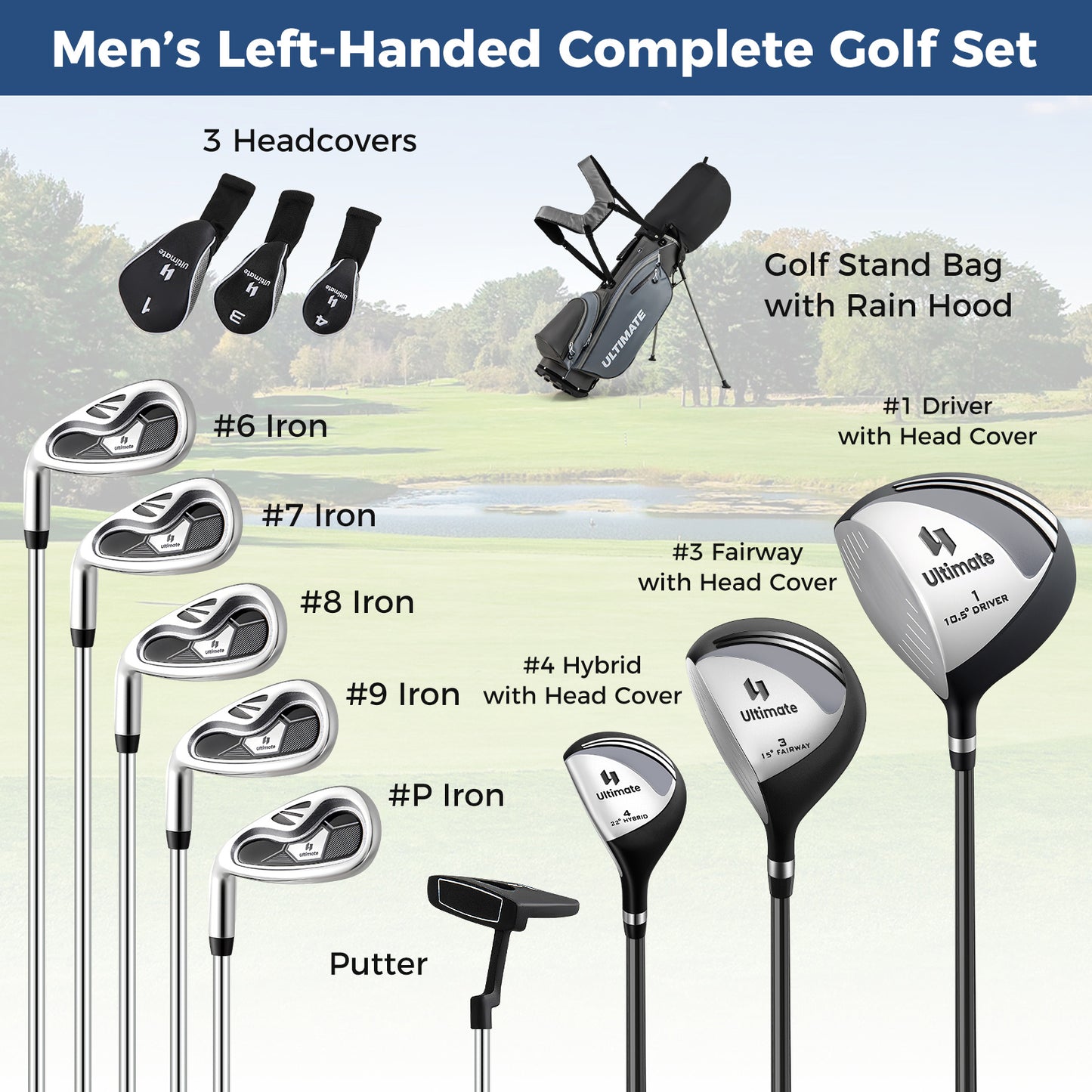 Mens LeftHanded Complete Golf Clubs and Bag Set Portable Lightweight Golf Stand Bag-Grey