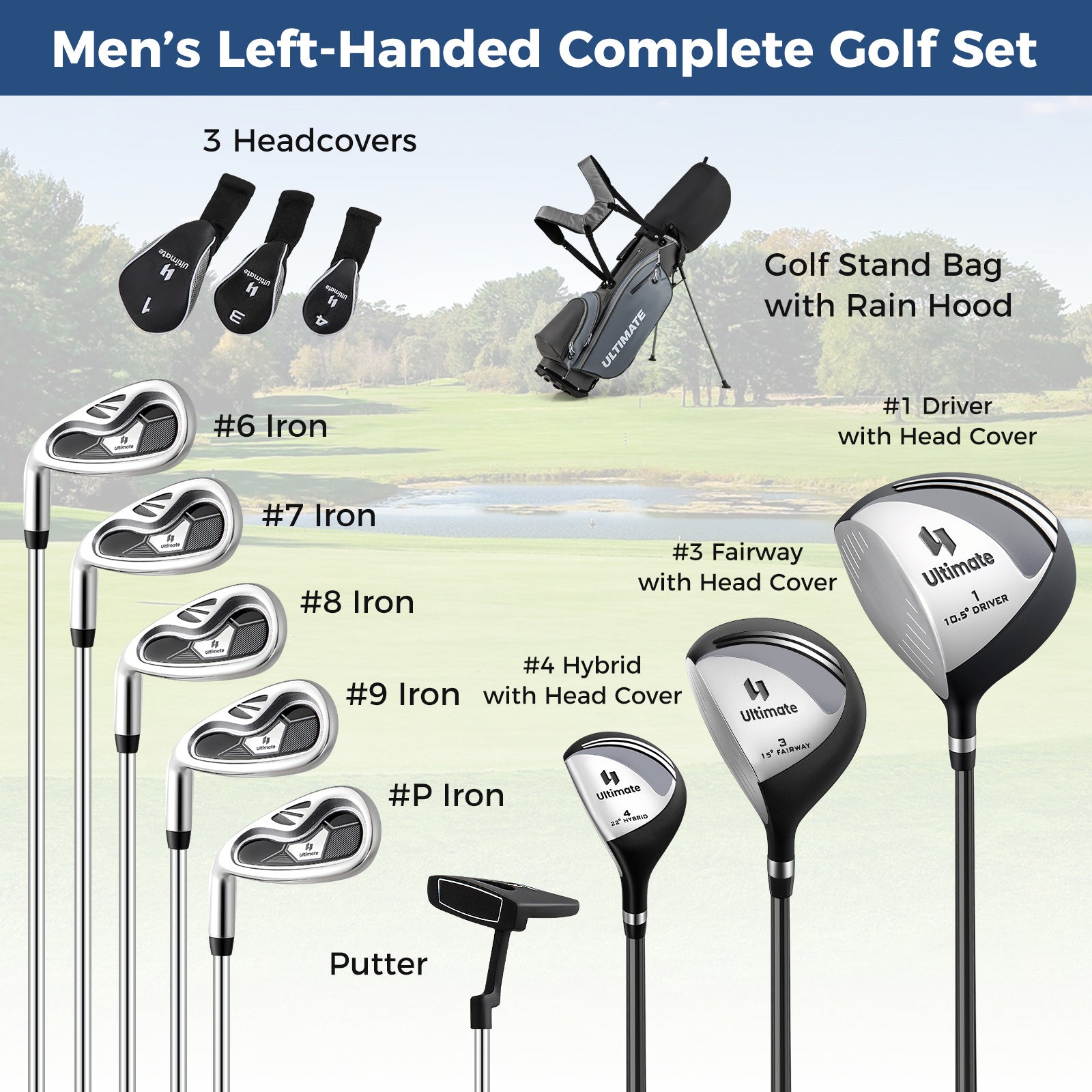 Mens LeftHanded Complete Golf Clubs and Bag Set Portable Lightweight Golf Stand Bag-Grey