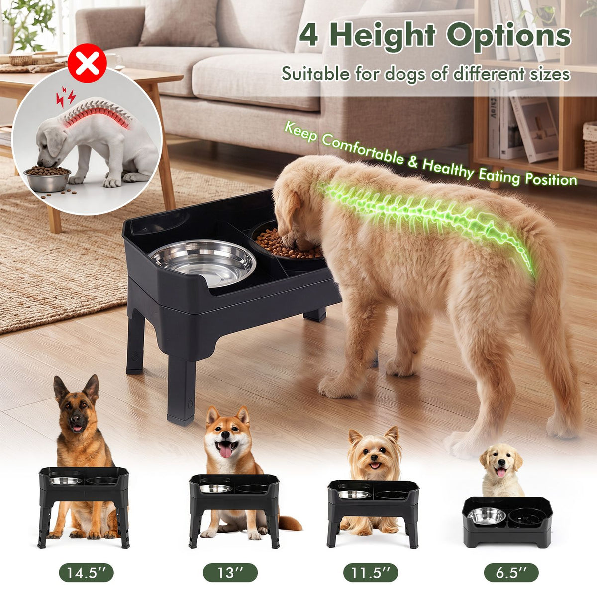 Mess Proof Elevated Dog Bowls with 4 Adjustable Heights with Licking Plate-Black