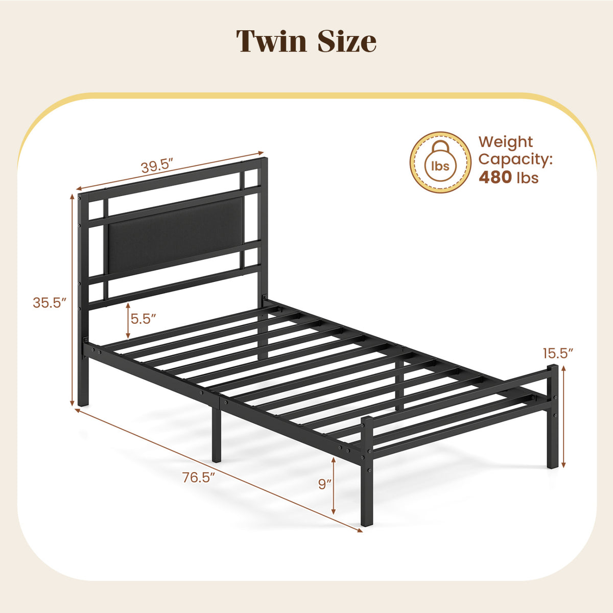 Twin Metal Bed Frame with Upholstered Headboard