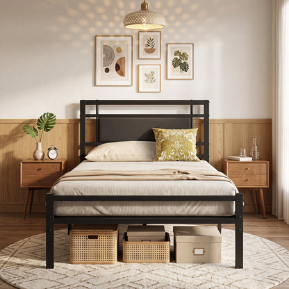 Twin Metal Bed Frame with Upholstered Headboard