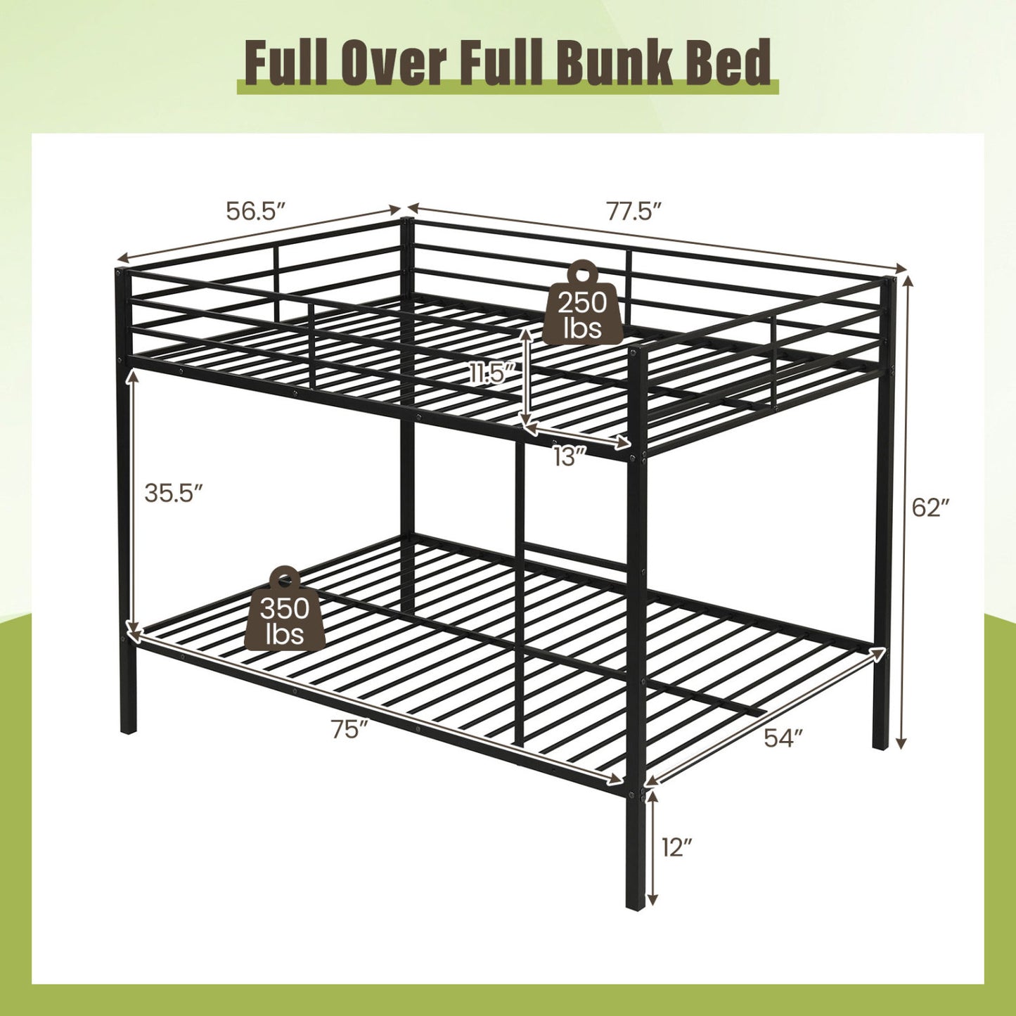 Metal Bunk Bed Full Over Full with Length Safety Guardrail-Black