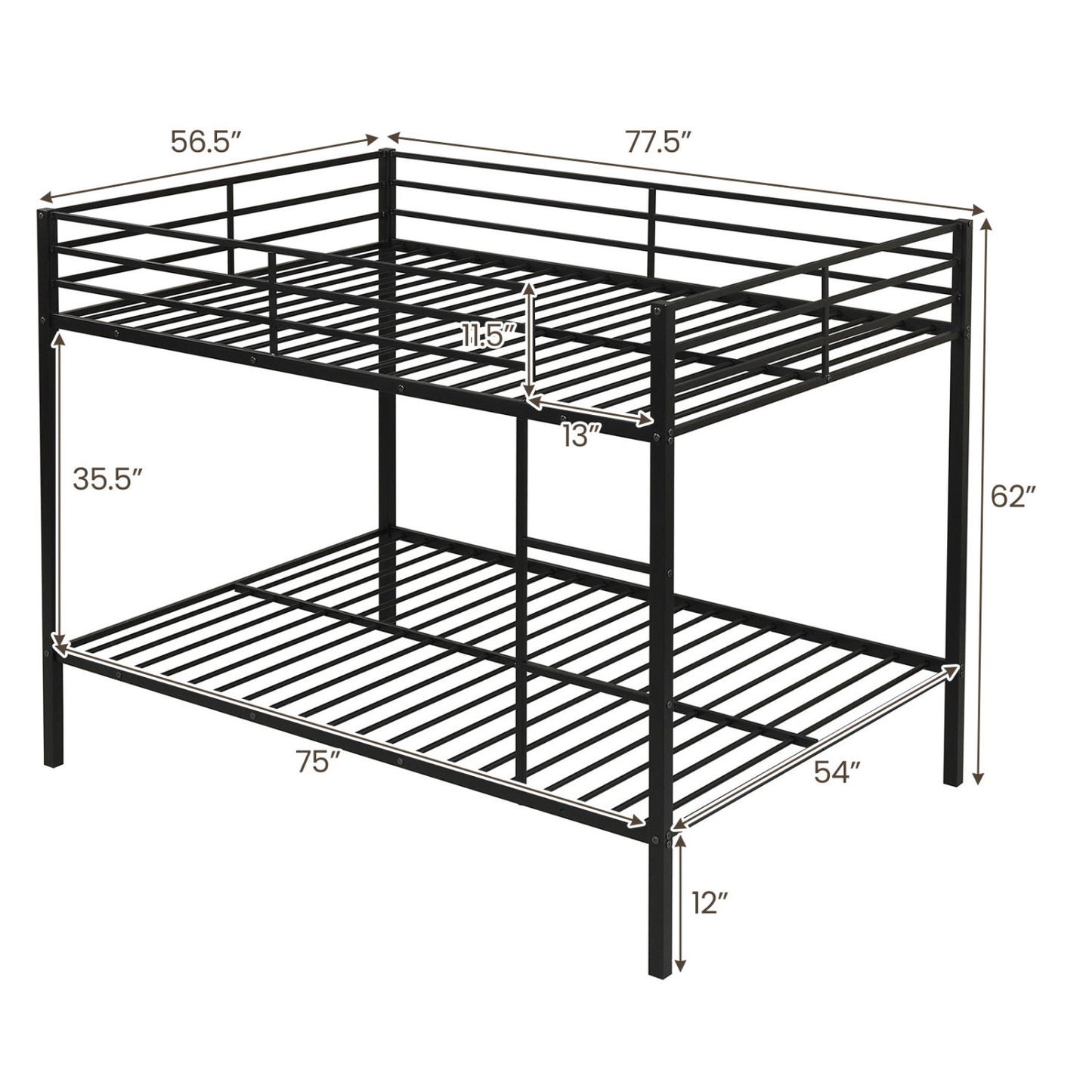 Metal Bunk Bed Full Over Full with Length Safety Guardrail-Black