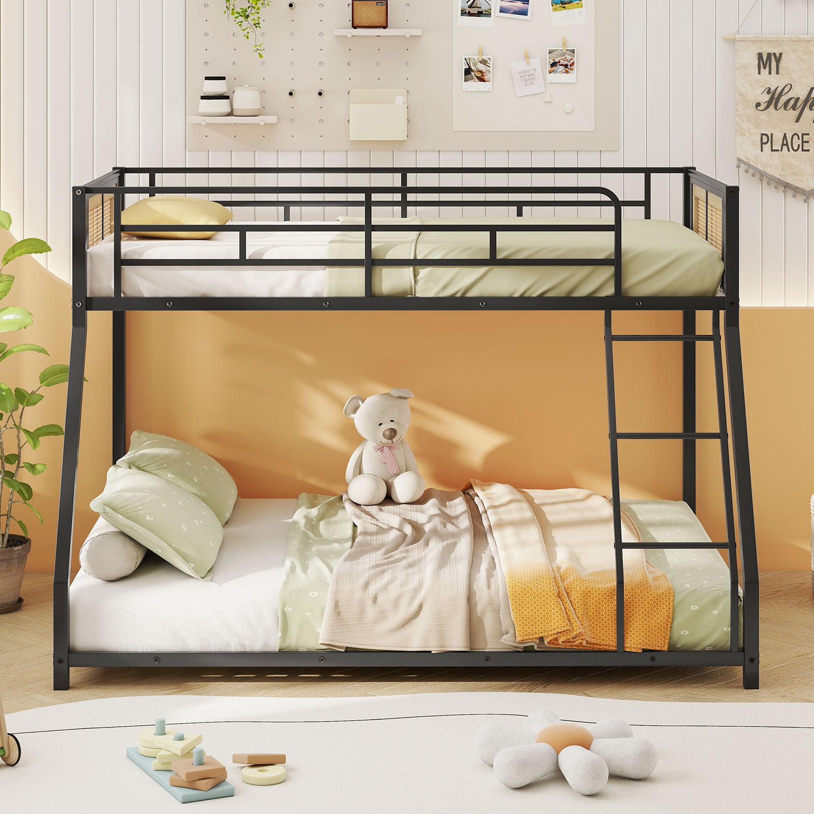 Metal Bunk Bed Twin Over Full with Full Length Safety Guardrail and Ramp Ladder-Black