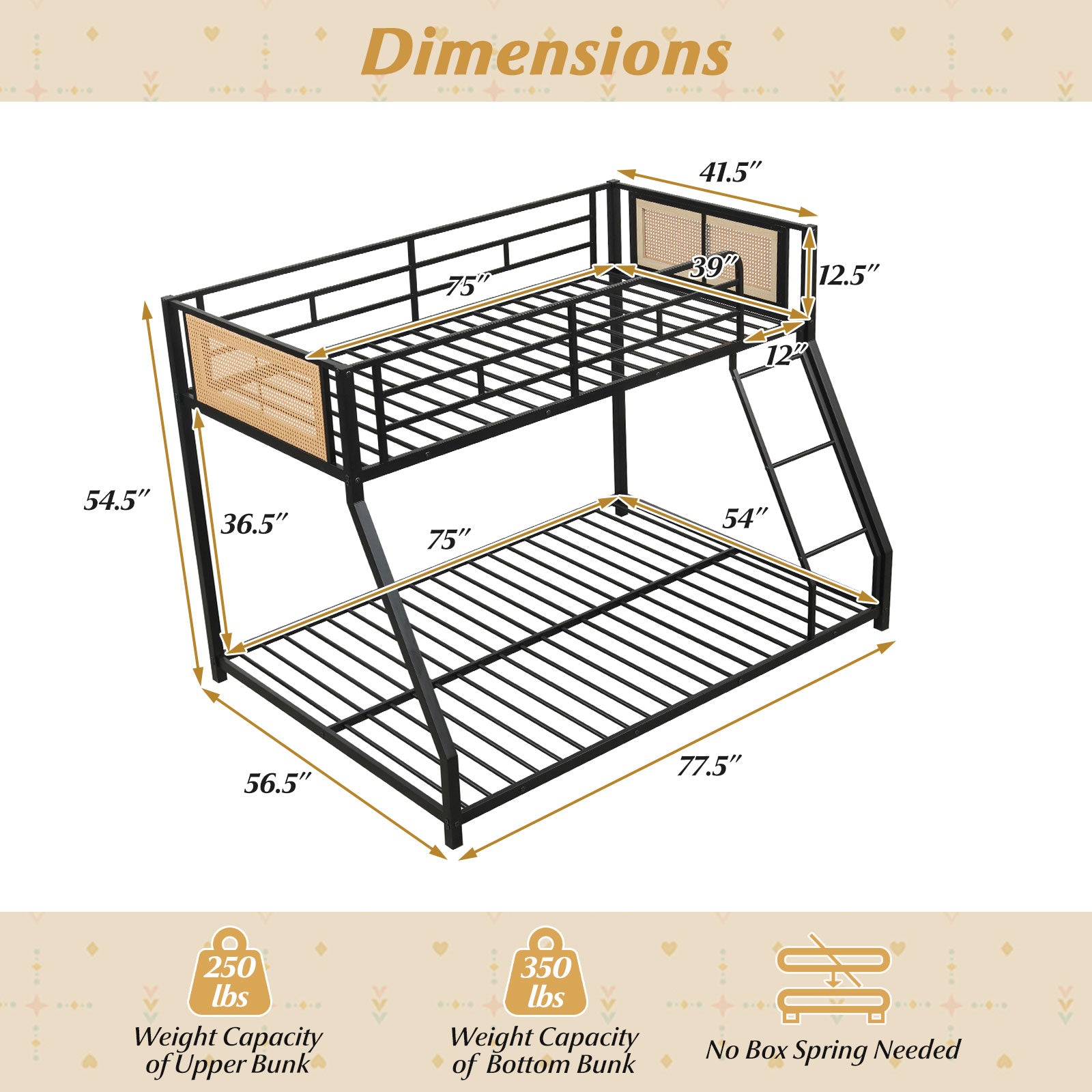 Metal Bunk Bed Twin Over Full with Full Length Safety Guardrail and Ramp Ladder-Black