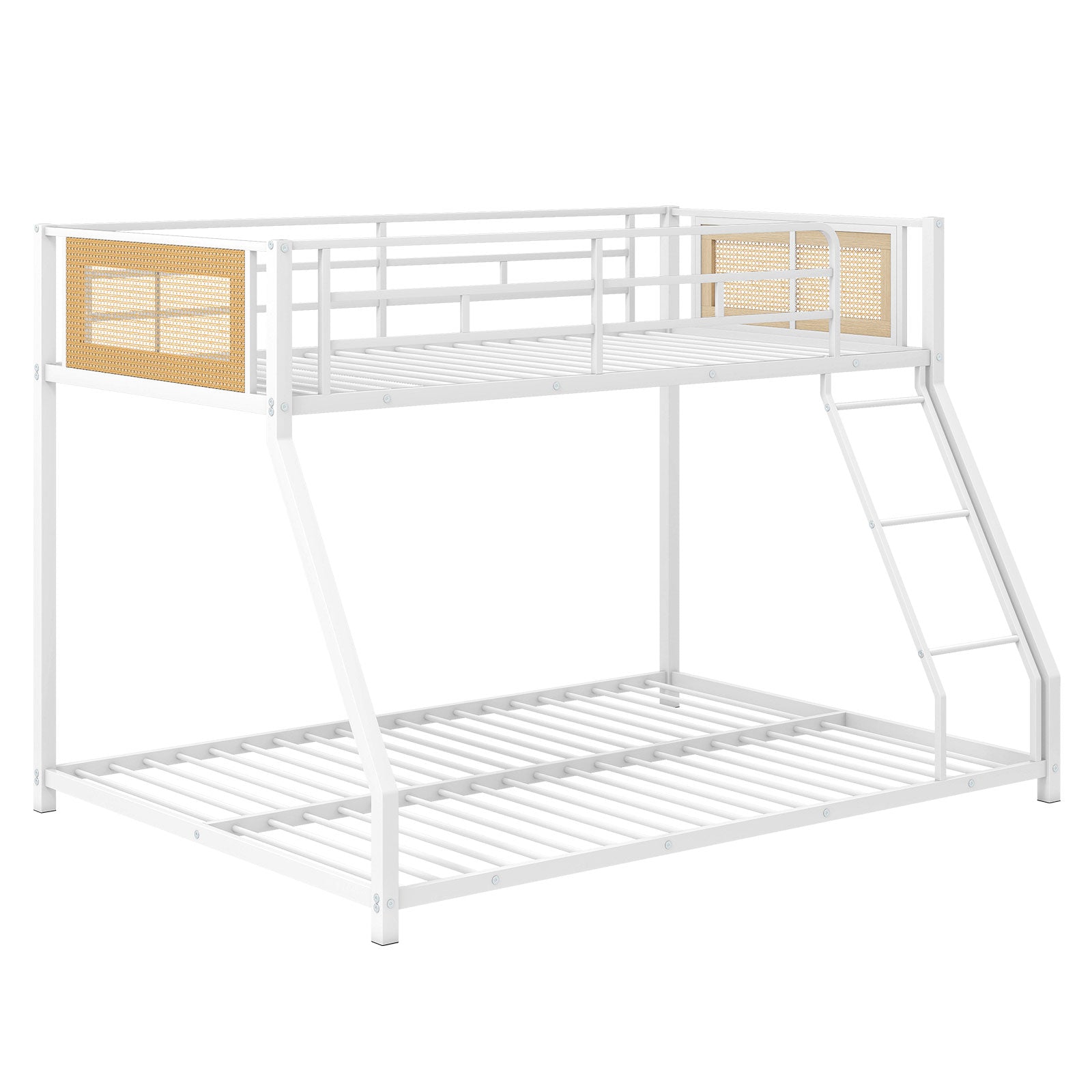 Metal Bunk Bed Twin Over Full with Full Length Safety Guardrail and Ramp Ladder-White