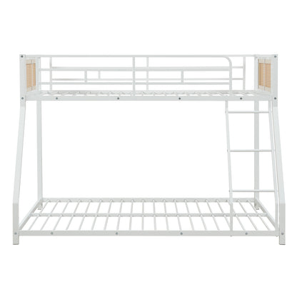 Metal Bunk Bed Twin Over Full with Full Length Safety Guardrail and Ramp Ladder-White