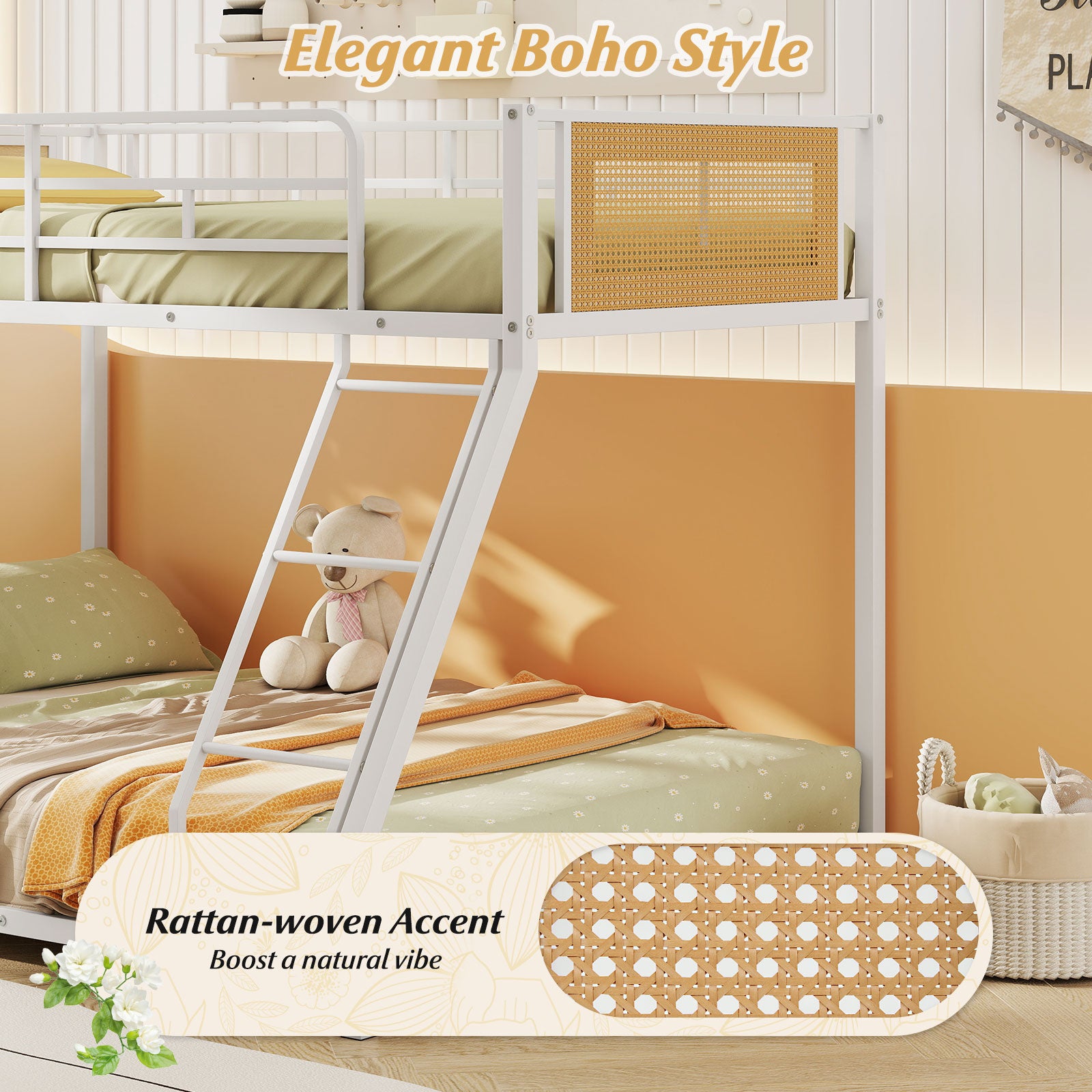 Metal Bunk Bed Twin Over Full with Full Length Safety Guardrail and Ramp Ladder-White