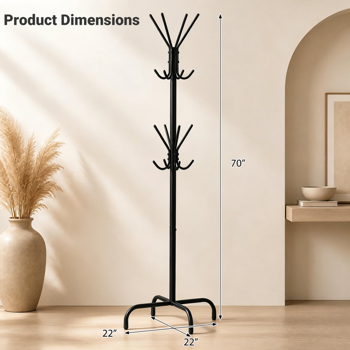 Freestanding Metal Coat Rack with 16 Hooks and 4 Legs