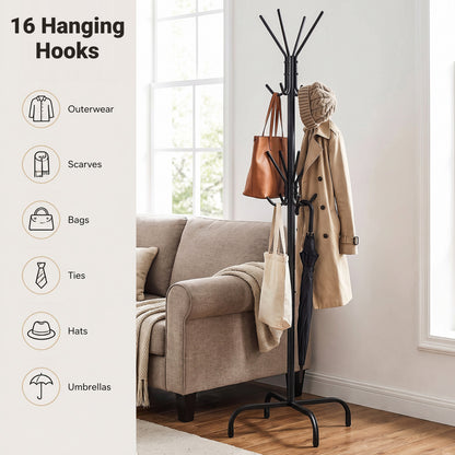Freestanding Metal Coat Rack with 16 Hooks and 4 Legs