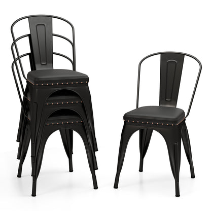 Metal Dining Chair Set of 4 Stackable Kitchen Chairs with Removable Backs and PU Leather Cushioned Seat-Black