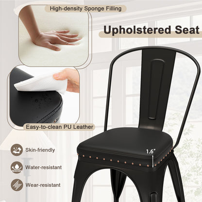 Metal Dining Chair Set of 4 Stackable Kitchen Chairs with Removable Backs and PU Leather Cushioned Seat-Black