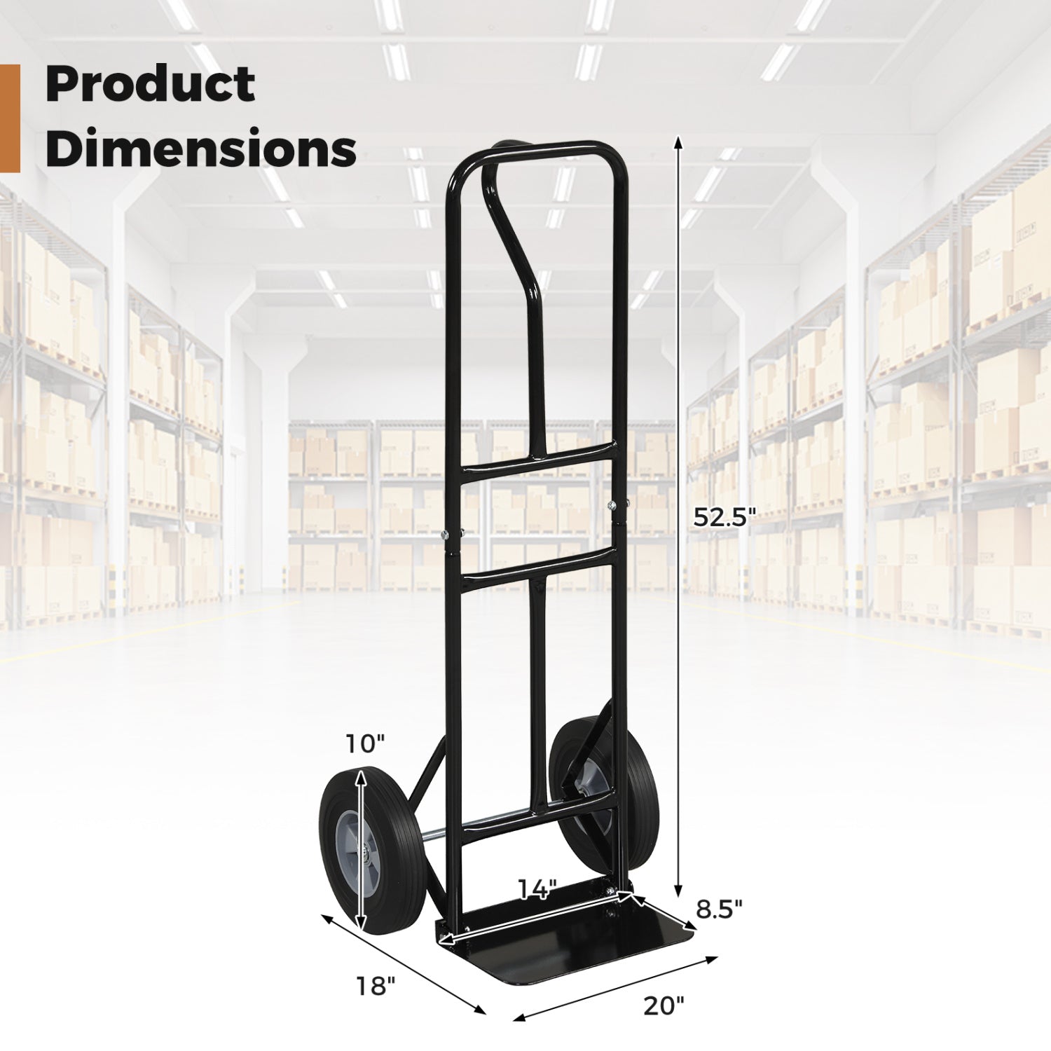 Metal Hand Truck Heavy-Duty 600 LBS Moving Dolly Cart with P-Handle and 10inch Rubber Wheels