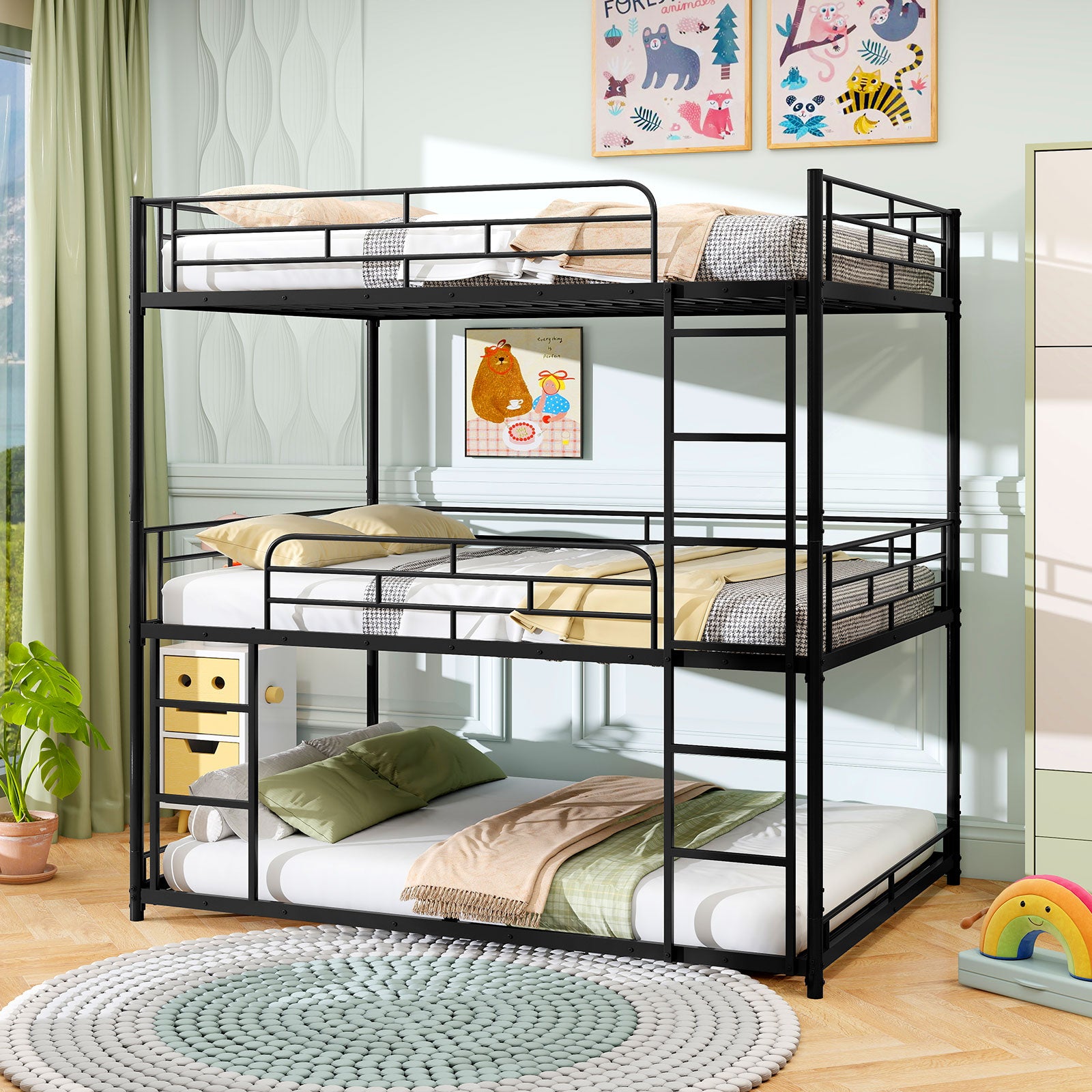 Metal Triple Bunk Bed with Safety Guardrails and 2 Ladders-Black