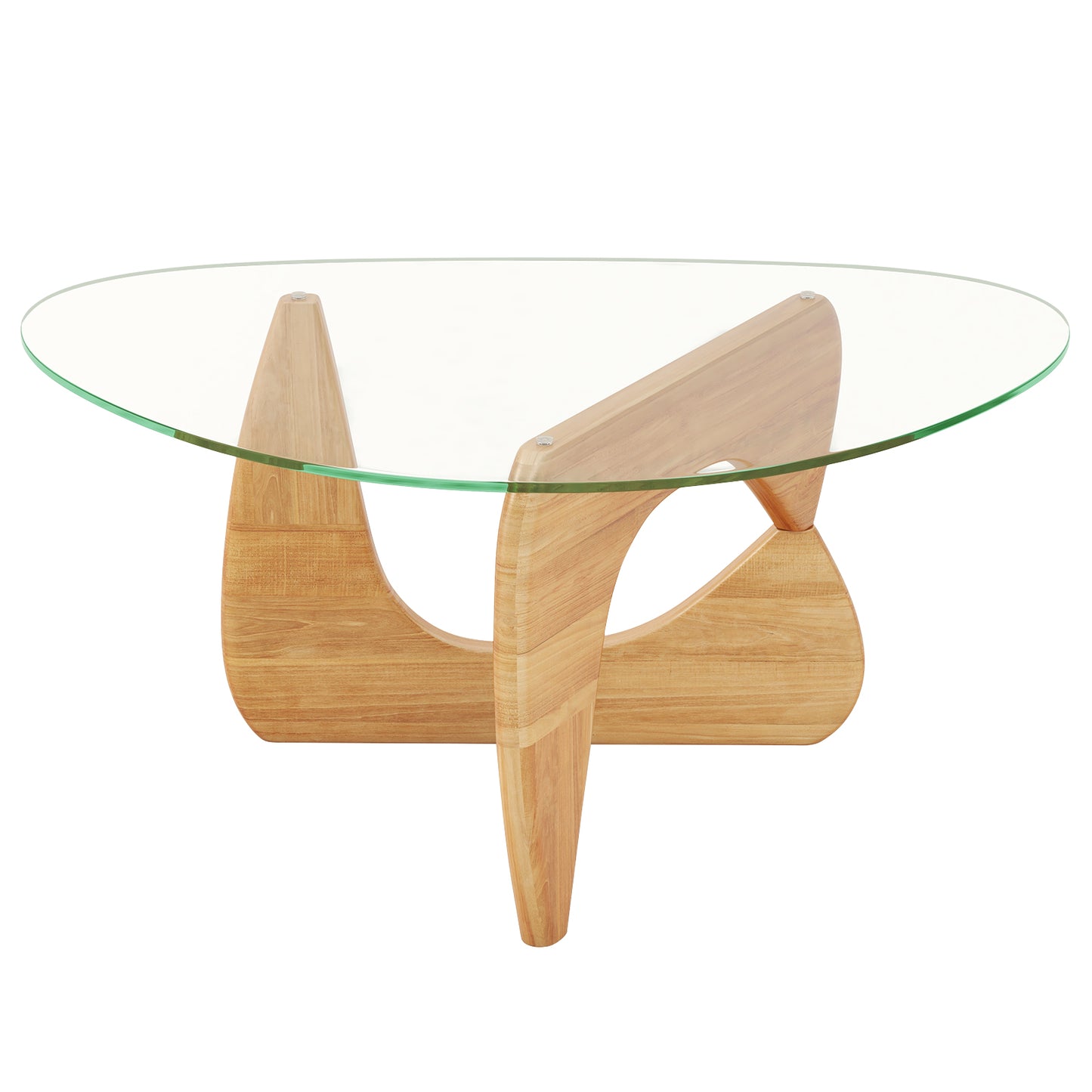 Triangle Coffee Table with Tempered Glass Top and Adjustable Rubber Wood Base-Walnut - Natural