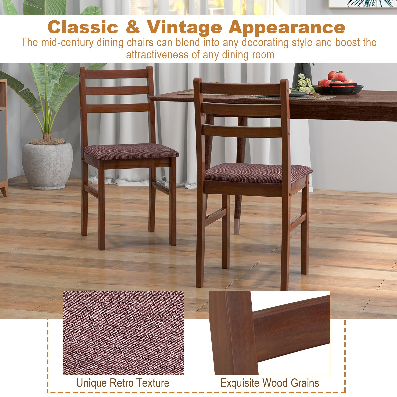 Set of 2 Mid-Century Wooden Dining Chairs-Espresso