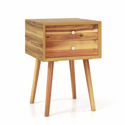 Wooden Nightstand Mid-Century End Side Table with 2 Storage Drawers-Natural - Natural