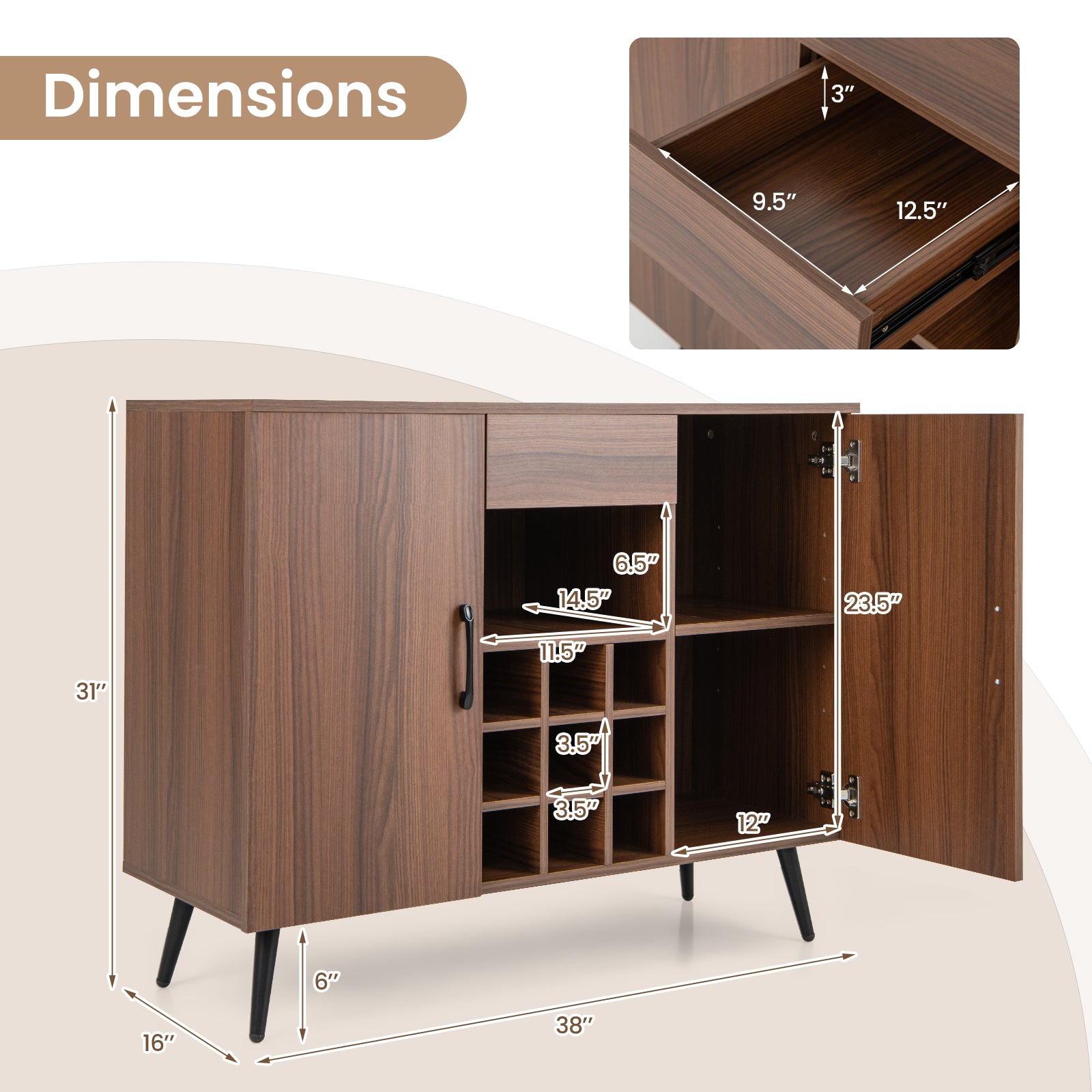 Mid-century Modern Buffet Sideboard Server Cabinet with 9-Bottle Wine Rack-Walnut