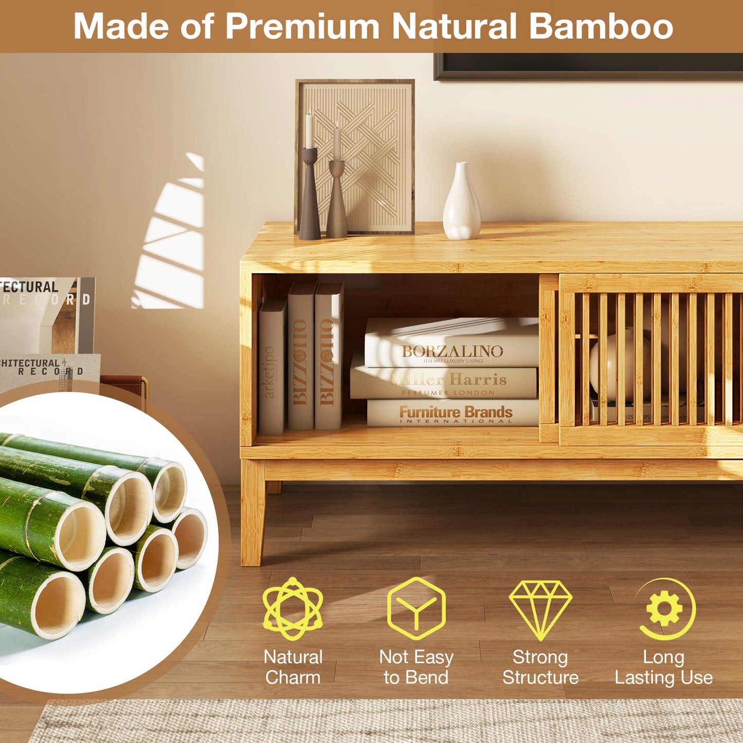 Bamboo TV Stand for TVs up to 65 Inches with Sliding Slatted Doors-Natural